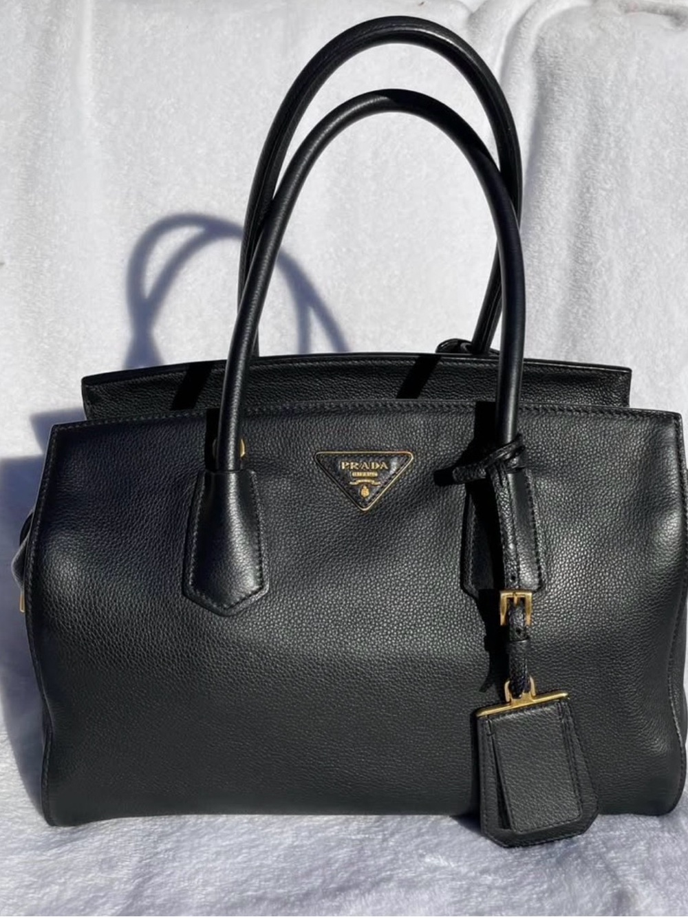 Prada Black Leather Top-Handle Tote with Gold Hardware